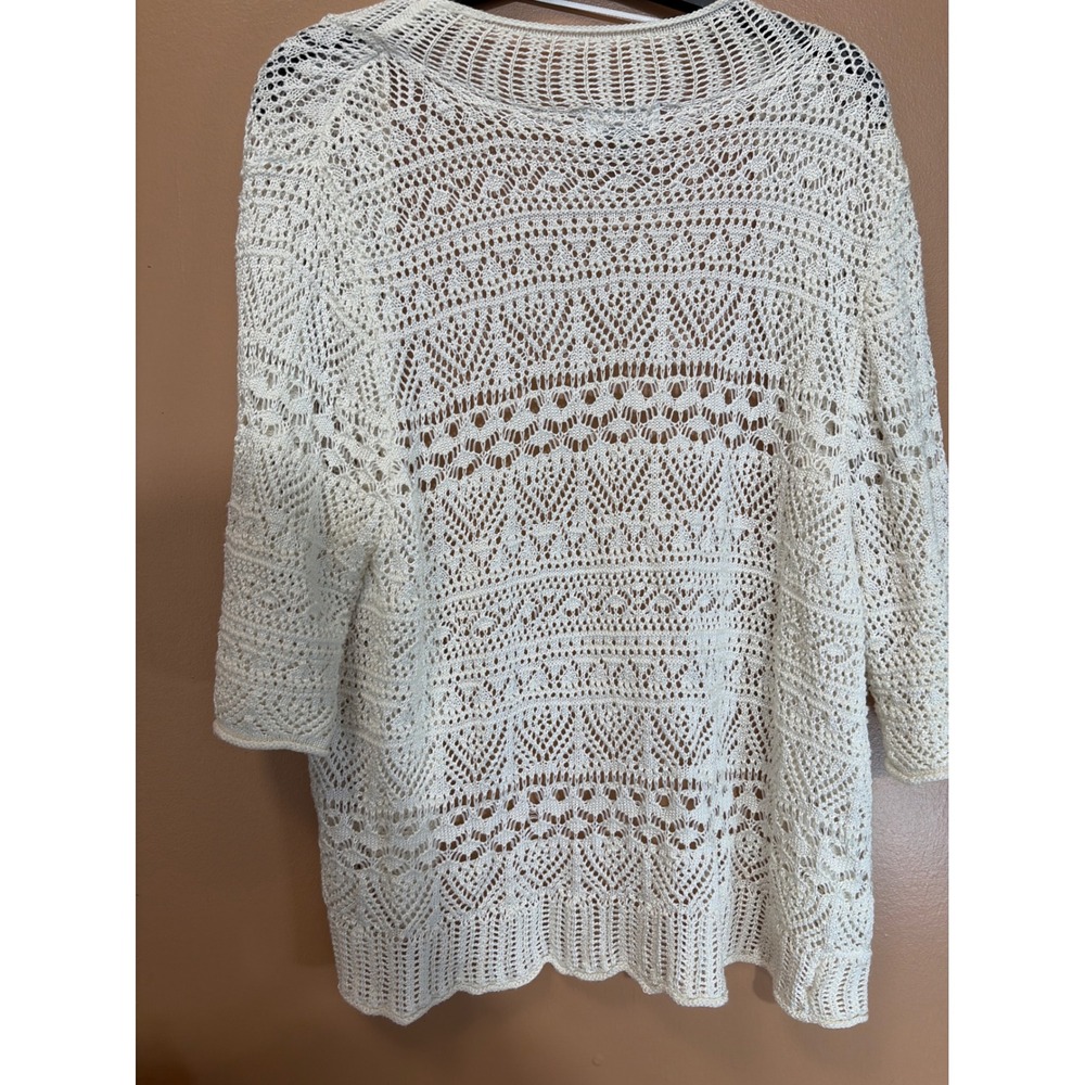 JM Collection Women Ivory Pointelle Crochet Open Front Cardigan Sweater Large - Picture 4 of 5